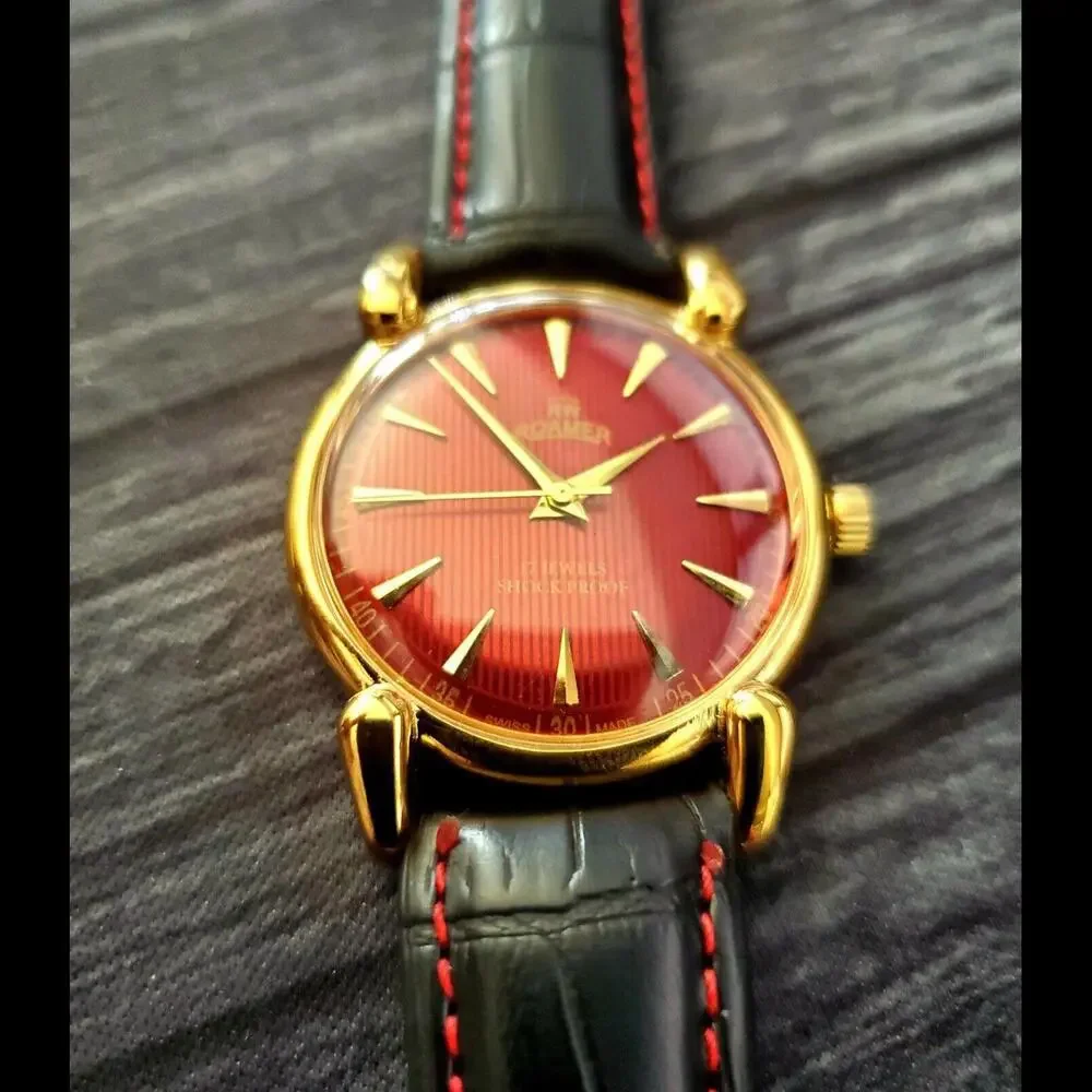 Rare Roamer Brevete Swiss Manual Mens Watch Gld Red Blk‎